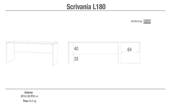 Scrivania 180x76x69 cm Cemento