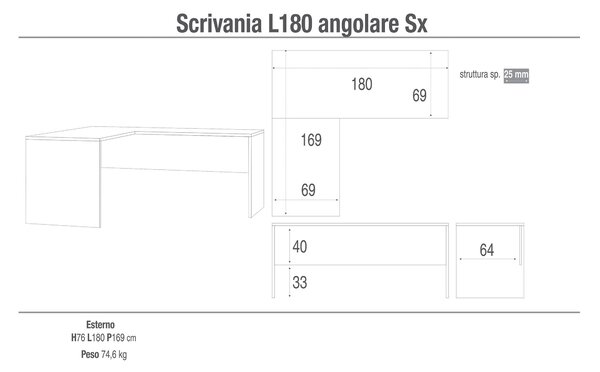 Scrivania Angolare Sx 180x76x169 cm Cemento