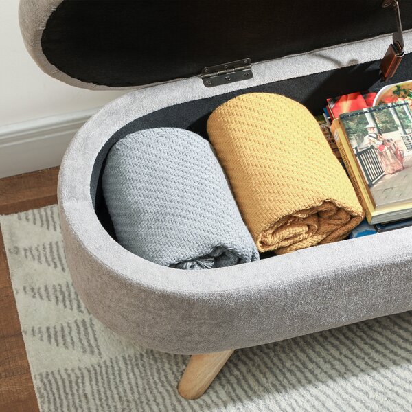 HOMCOM Panca da Letto con Gambe in Legno e Seduta Imbottita, Pouf Contenitore Rivestito in Velluto Teddy, 110x40x43 cm, Grigio Chiaro | Aosom Italy