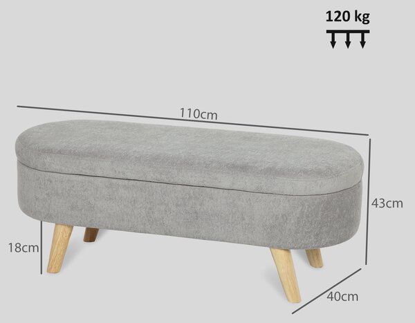 HOMCOM Panca da Letto con Gambe in Legno e Seduta Imbottita, Pouf Contenitore Rivestito in Velluto Teddy, 110x40x43 cm, Grigio Chiaro | Aosom Italy