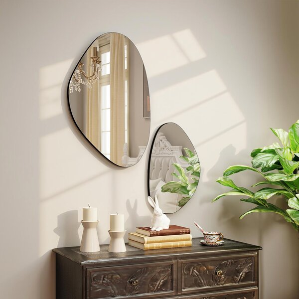 HOMCOM Set di 2 specchi da parete con cornice metallica, Specchio a forma di ciottolo, 70x46x2,5 cm, Nero | Aosom Italy