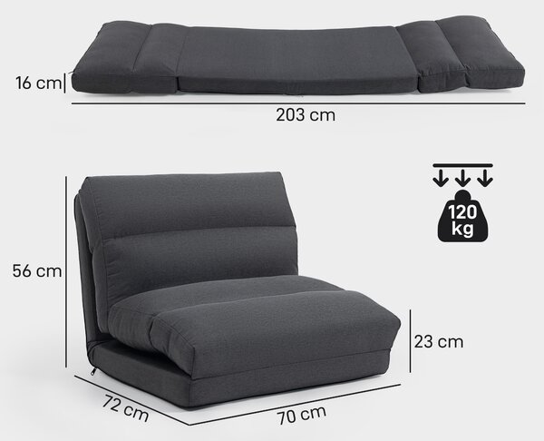 HOMCOM Pouf pieghevole con funzione letto con schienale reclinabile, fino a 120 kg, 70x72x56 cm, Grigio scuro | Aosom Italy