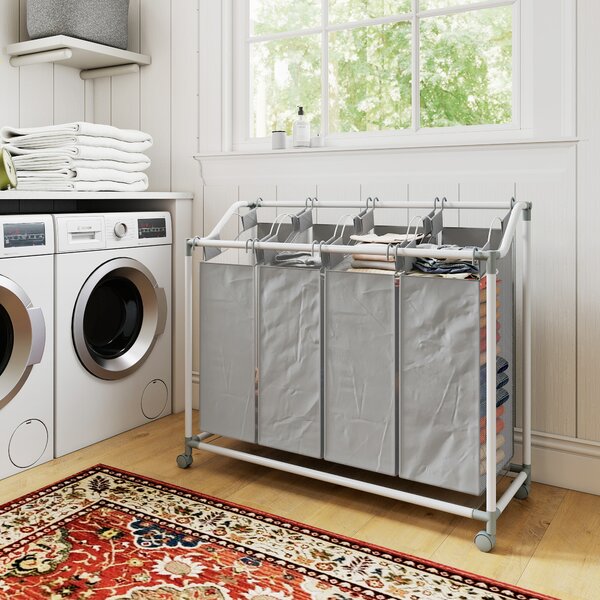 HOMCOM Cestino carrello per biancheria, contenitore su ruote con 4 sacchi removibili, 97x38x81 cm, grigio | Aosom Italy