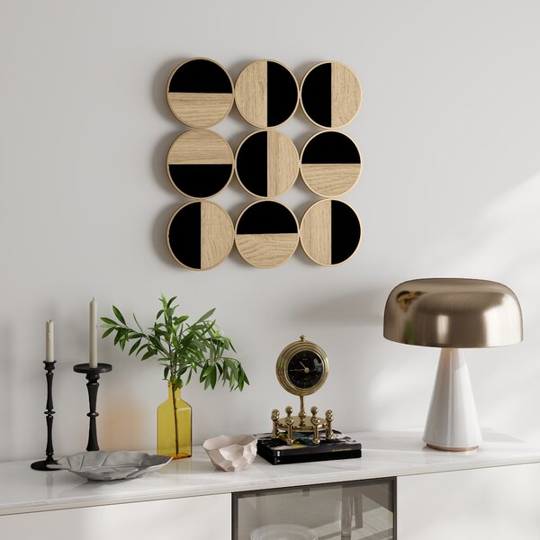HOMCOM Quadro Decorativo da Parete con Specchio in Plastica, Geometrico Adorno Moderno 3D, 60x60 cm, Nero e Legno Naturale | Aosom Italy