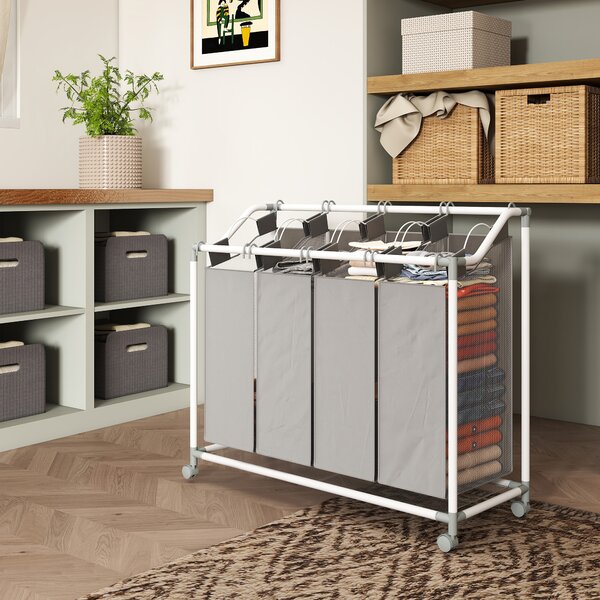 HOMCOM Cestino carrello per biancheria, contenitore su ruote con 4 sacchi removibili, 97x38x81 cm, grigio | Aosom Italy