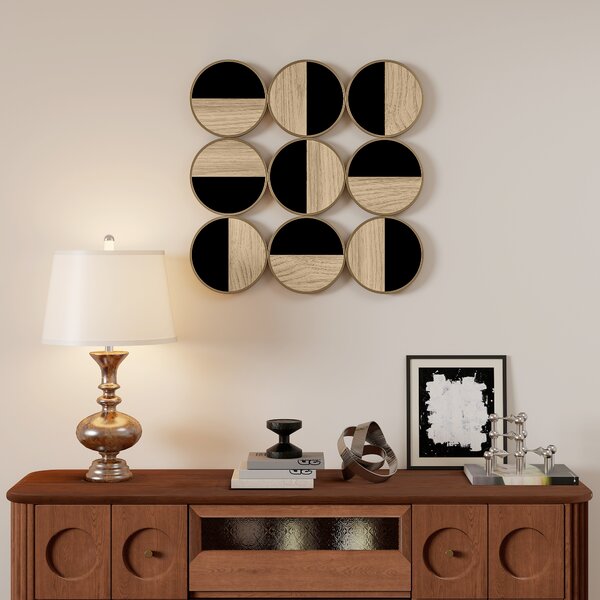 HOMCOM Quadro Decorativo da Parete con Specchio in Plastica, Geometrico Adorno Moderno 3D, 60x60 cm, Nero e Legno Naturale | Aosom Italy
