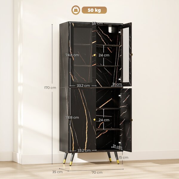 HOMCOM Libreria con scaffale a 6 livelli, mobile contenitore con anta vetrata e armadietto, 70x35x170 cm, nero | Aosom Italy