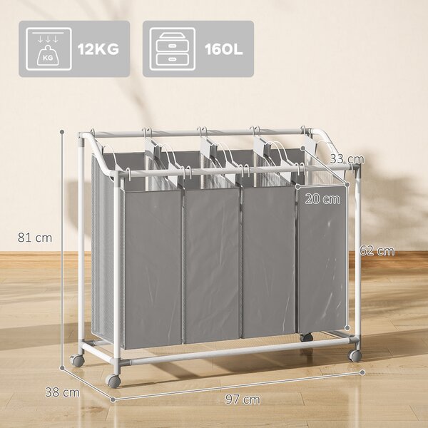 HOMCOM Cestino carrello per biancheria, contenitore su ruote con 4 sacchi removibili, 97x38x81 cm, grigio | Aosom Italy