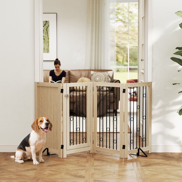 PawHut Cancelletto per animali con porta e 4 pannelli, per corridoio, scala e telaio porta, in MDF e acciaio, Rovere | Aosom Italy