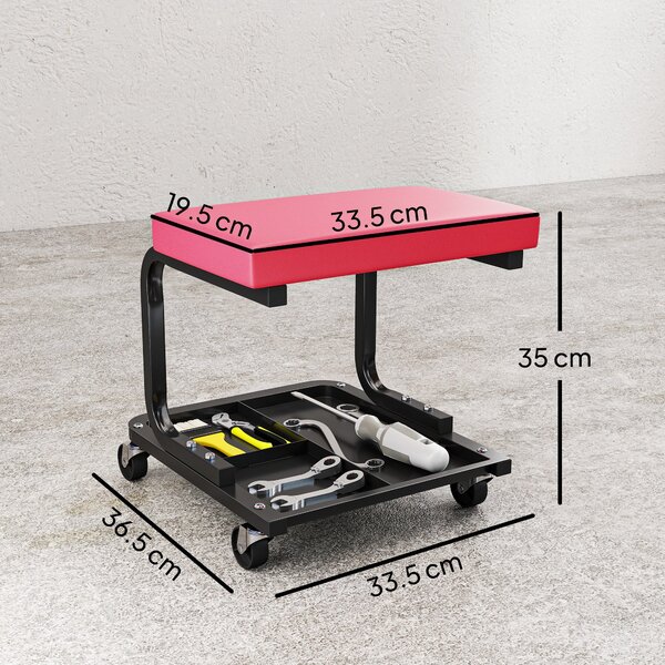 HOMCOM Sgabello da meccanico con vassoio porta attrezzi e rotelle, carico 135 kg, 36,5x33,5x35 cm, rosso | Aosom Italy
