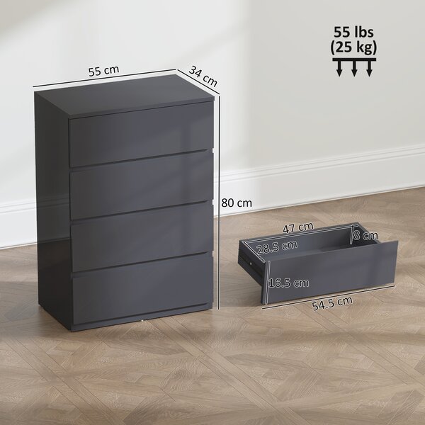 HOMCOM Mobile contenitore con 4 cassetti e chiusura rallentata e silenziosa, 55x34x80 cm, grigio | Aosom Italy