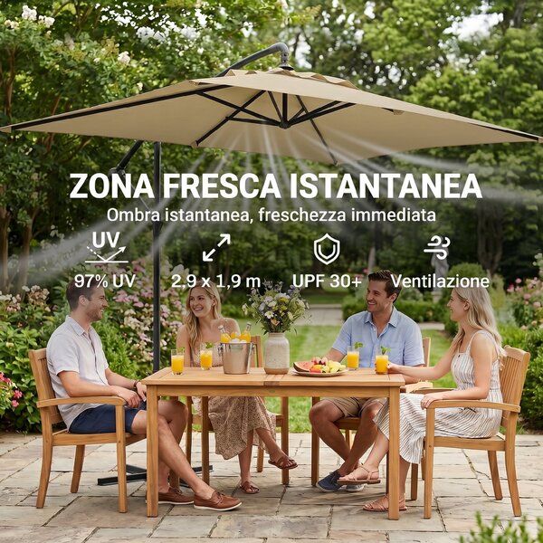Outsunny Ombrellone da Giardino Decentrato con Base a Croce e Apertura a Manovella, 294x193cm, Beige