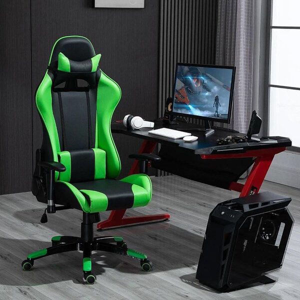 Sedia da Gaming Girevole Reclinabile in Similpelle Nero e Verde