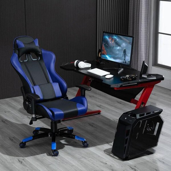 Sedia da Gaming in Similpelle con Sostegno Lombare e Collo Nera e Blu