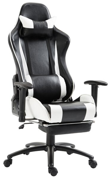 Sedia da Gaming Ergonomica in Similpelle Reclinabile con Supporto Gambe Nera e Bianca