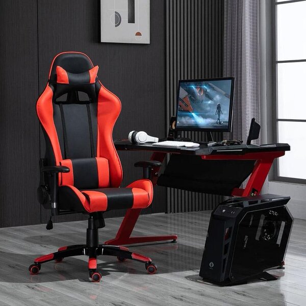 Sedia da Gaming in Similpelle con Sostegno Lombare Collo Nera e Rossa