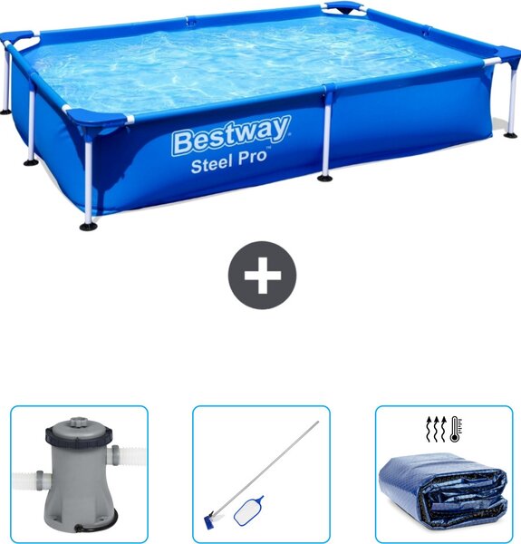 Piscina Bestway Steel Pro rettangolare - 221 x 150 x 43 cm - blu - include pompa - kit di pulizia - tenda da sole