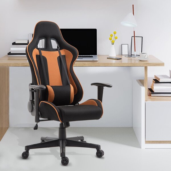 Sedia da Gaming con Rotelle Reclinabile Girevole in Tessuto Nero e Arancione