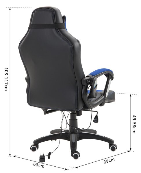 Sedia da Gaming Massaggiante e Riscaldante Blu e Nero 68x69x108-117 cm
