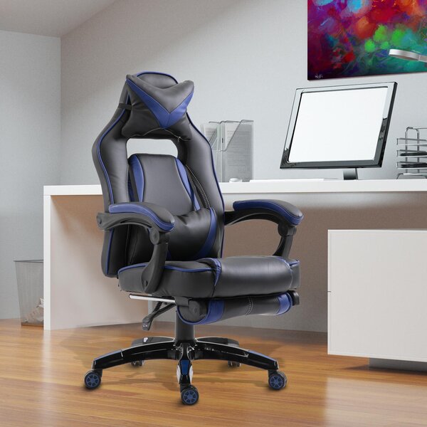 Sedia da Gaming con Rotelle in Similpelle Blu e Nero
