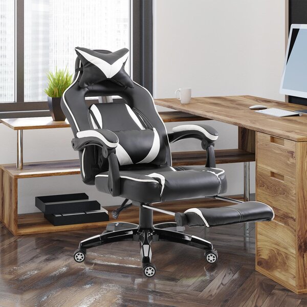 Sedia da Gaming con Rotelle in Similpelle Bianco e Nero
