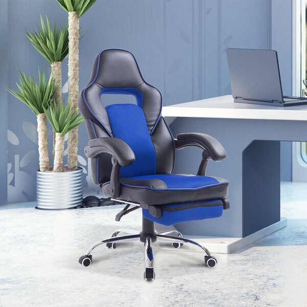 Sedia da Gaming Ergonomica in Similpelle Reclinabile con Supporto Gambe Nera e Blu