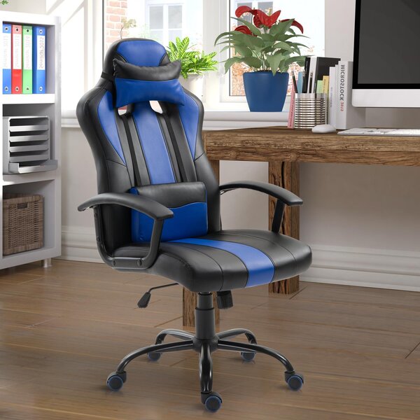 Sedia da Gaming Ergonomica in Similpelle Altezza Regolabile con Cuscino Nera e Blu
