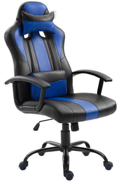 Sedia da Gaming Ergonomica in Similpelle Altezza Regolabile con Cuscino Nera e Blu