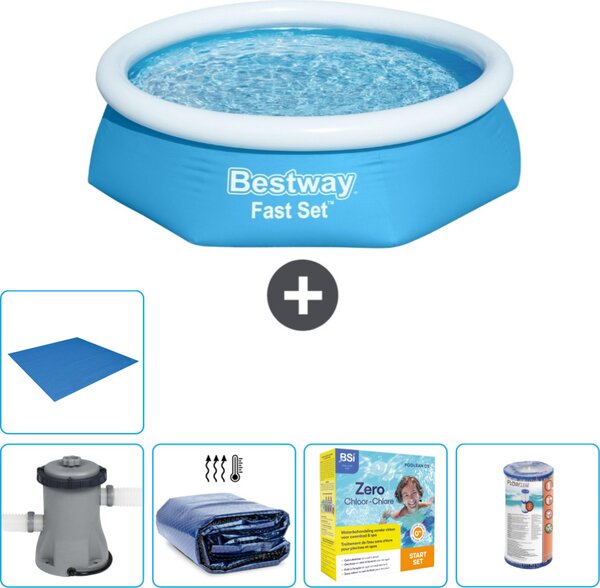 Piscina gonfiabile rotonda Bestway Fast-Set - 244 x 61 cm - blu - pompa inclusa - tenda da sole - pacchetto manutenzione - filtro - telo di fondo