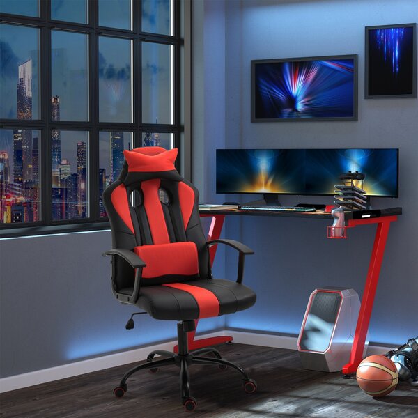 Sedia da Gaming Ergonomica in Similpelle Altezza Regolabile con Cuscino Nera e Rossa