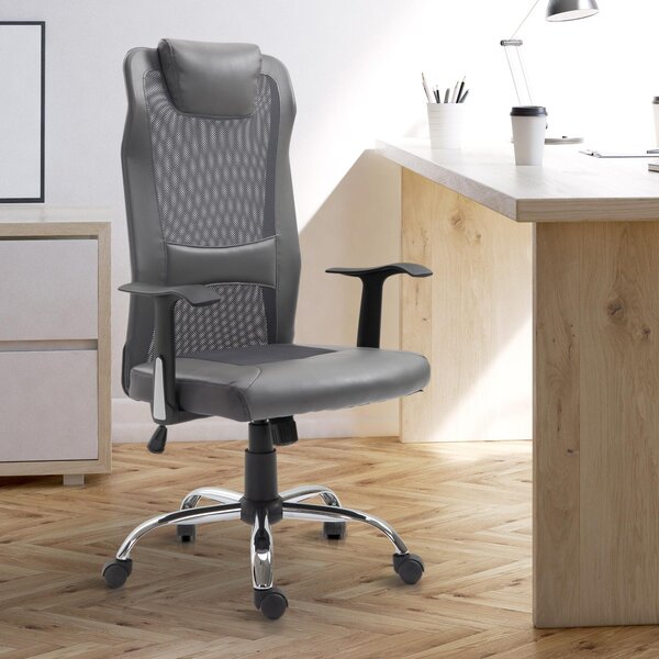 Sedia da Ufficio Presidenziale Ergonomica in Rete e Similpelle Altezza Regolabile Grigia