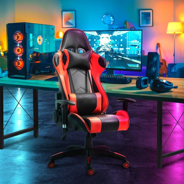 Sedia da Gaming Ergonomica in Similpelle Altezza Regolabile con Cuscino Nera e Rossa