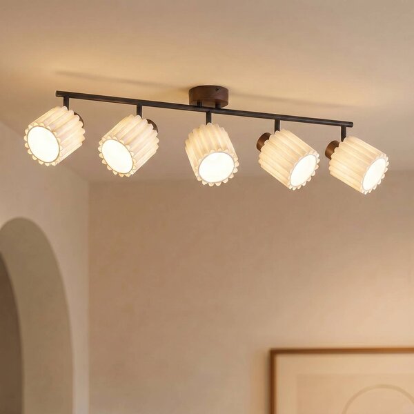 Faretto da soffitto Lindby Shiloh, a 5 luci, noce/beige, legno Shiloh Lindby, dimmerabile, Legno scuro, Soggiorno / Sala da pranzo, Legno, Moderno, Faretto