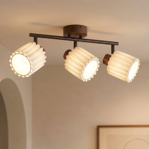 Faretto da soffitto Lindby Shiloh, a 3 luci, noce/beige, legno Shiloh Lindby, dimmerabile, Legno scuro, Soggiorno / Sala da pranzo, Legno, Moderno, Faretto