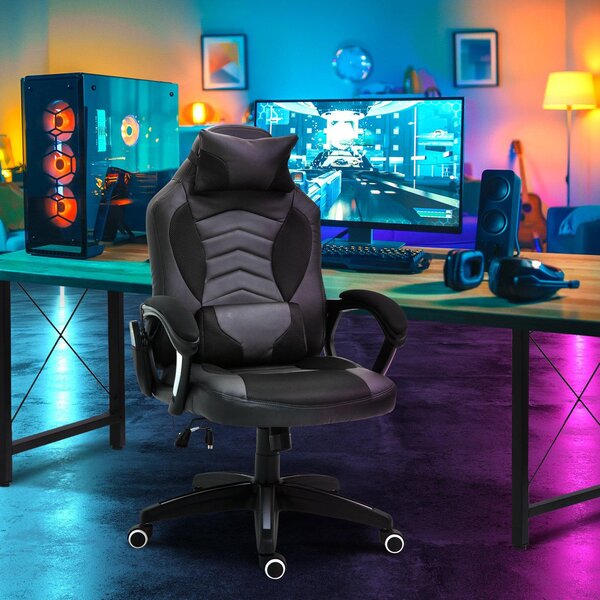Sedia da Gaming Ergonomica Massaggiante Riscaldante in Similpelle Nera