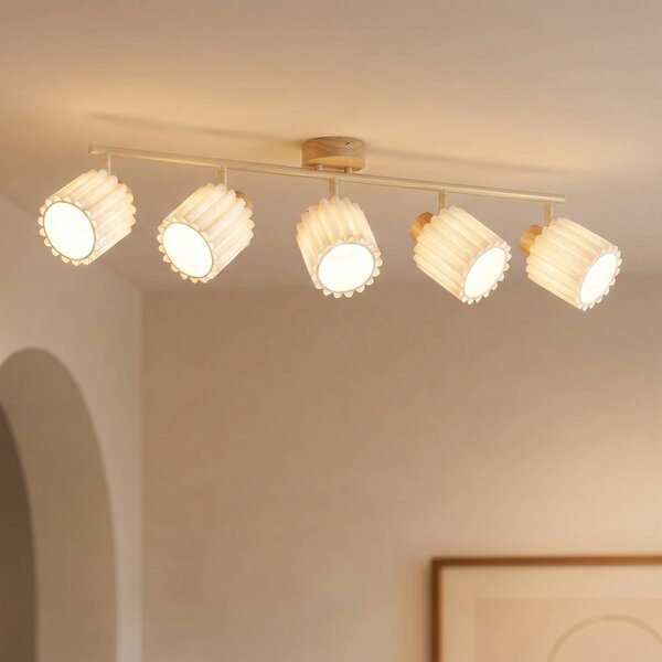 Faretto da soffitto Lindby Shiloh, a 5 luci, naturale/beige, legno Shiloh Lindby, dimmerabile, Legno chiaro, Soggiorno / Sala da pranzo, Legno, Moderno, Faretto
