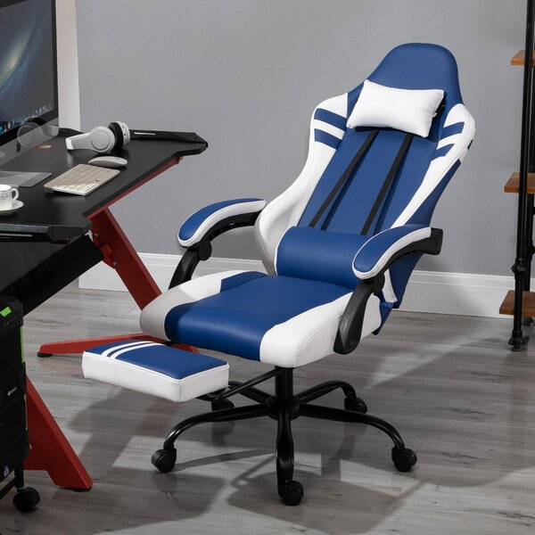 Sedia da Gaming Ergonomica con Poggiapiedi Blu e Bianco