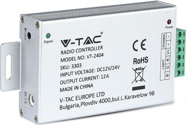 V-TAC VT-4083 Controller per striscia LED dimmerabile con telecomando 4 tasti 12/24V(max 144W) - 3303