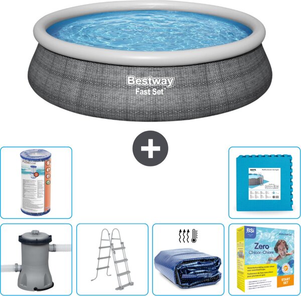 Piscina gonfiabile rotonda Bestway ad ambientazione rapida - stampa rattan - 457 x 107 cm - inclusa pompa - scaletta vela solare - pacchetto manutenzione - filtro - pavimento in piastrelle