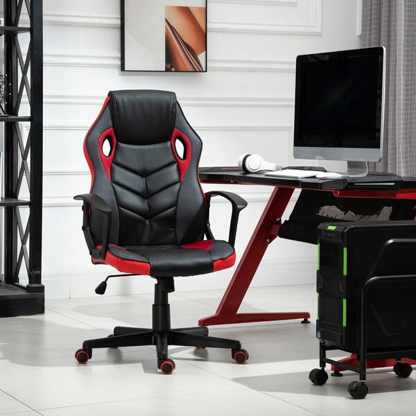 Sedia da Gaming Girevole Reclinabile in Similpelle Nera e Rossa