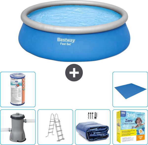 Piscina gonfiabile rotonda Bestway Fast-Set - 457 x 122 cm - blu - inclusa pompa - scaletta - tenda da sole - pacchetto manutenzione - filtro - telo di fondo