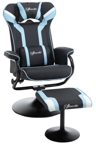 Sedia da Gaming Girevole Reclinabile con Poggiapiedi in Similpelle Nera e Azzurro
