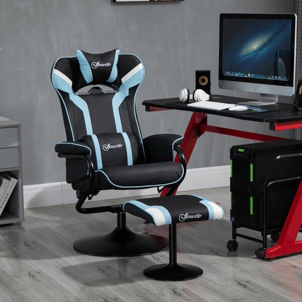 Sedia da Gaming Girevole Reclinabile con Poggiapiedi in Similpelle Nera e Azzurro