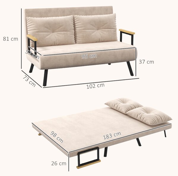 HOMCOM Divano Letto 3 in 1 in Tessuto Effetto Velluto con Schienale Regolabile e 2 Cuscini, 102x73x81 cm, Beige | Aosom Italy