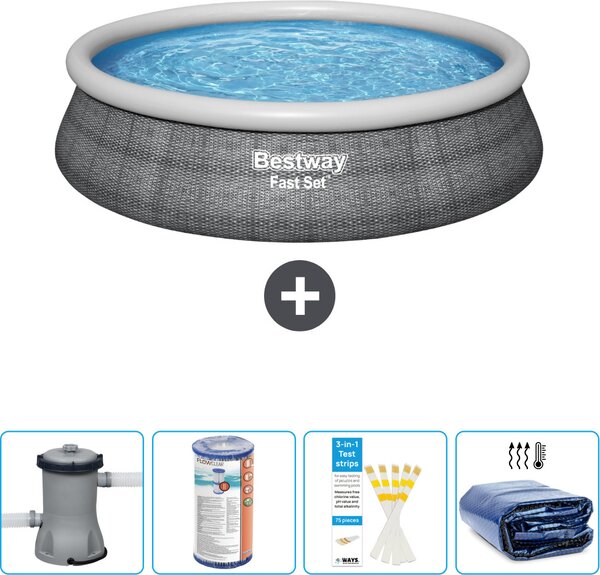 Piscina gonfiabile rotonda Bestway a presa rapida - stampa rattan - 457 x 84 cm - inclusa pompa - filtro - strisce reattive - tenda parasole