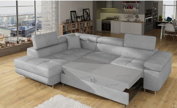 Divano angolare grigio chiaro allungabile/con contenitore (con penisola a sinistra/a L) e rivestimento in velluto Anton – ELTAP