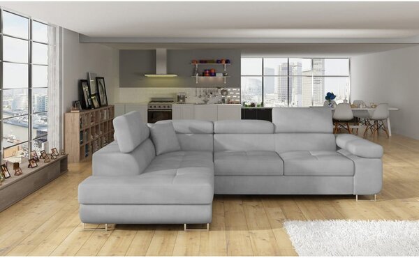 Divano angolare grigio chiaro allungabile/con contenitore (con penisola a sinistra/a L) e rivestimento in velluto Anton – ELTAP