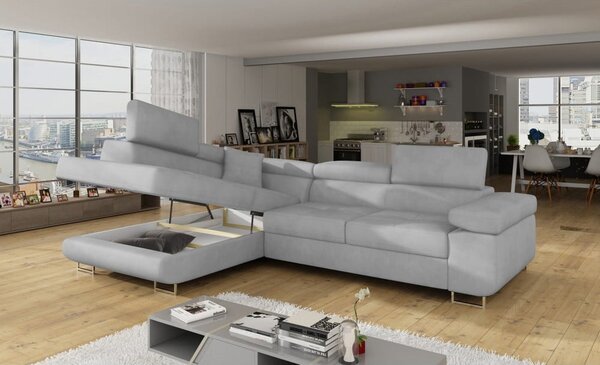 Divano angolare grigio chiaro allungabile/con contenitore (con penisola a sinistra/a L) e rivestimento in velluto Anton – ELTAP