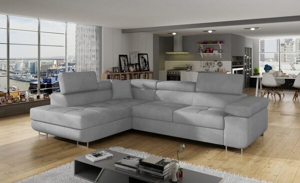 Divano angolare grigio chiaro allungabile/con contenitore (con penisola a sinistra/a L) e rivestimento in velluto Anton – ELTAP