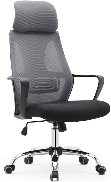Sedia Poltrona Direzionale da Ufficio 63x62x117 cm in Tessuto a Rete Nera e Grigia